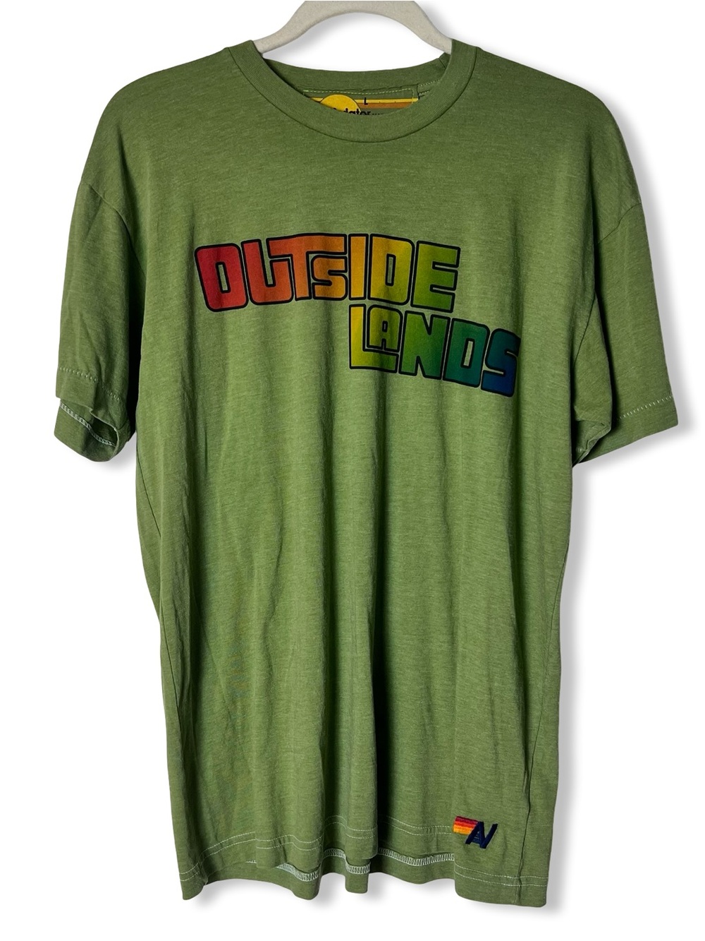 Aviator Nation Outside Lands 2025 Staff Tee Green Rainbow Graphic SF Festival